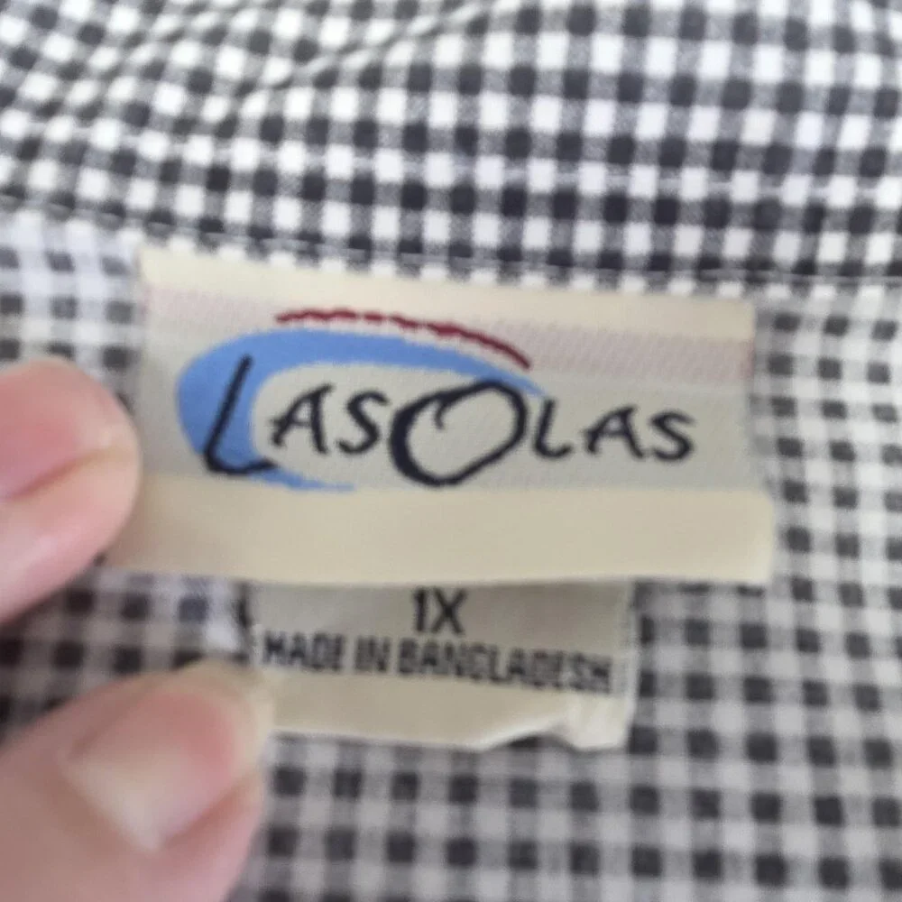 Las Olas Shirt Womens 1X Black Check Button 50s Rock Car Dancers Embroidered Top - Picture 6 of 10